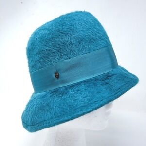 Helen Kaminski Australia Teal Rabbit Fur Felt Cloche Bucket Hat One Size